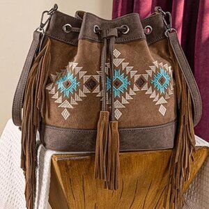 NEW! Aztec Drawstring Bucket Bags for Women Western Fringe Crossbody Bag-Brown